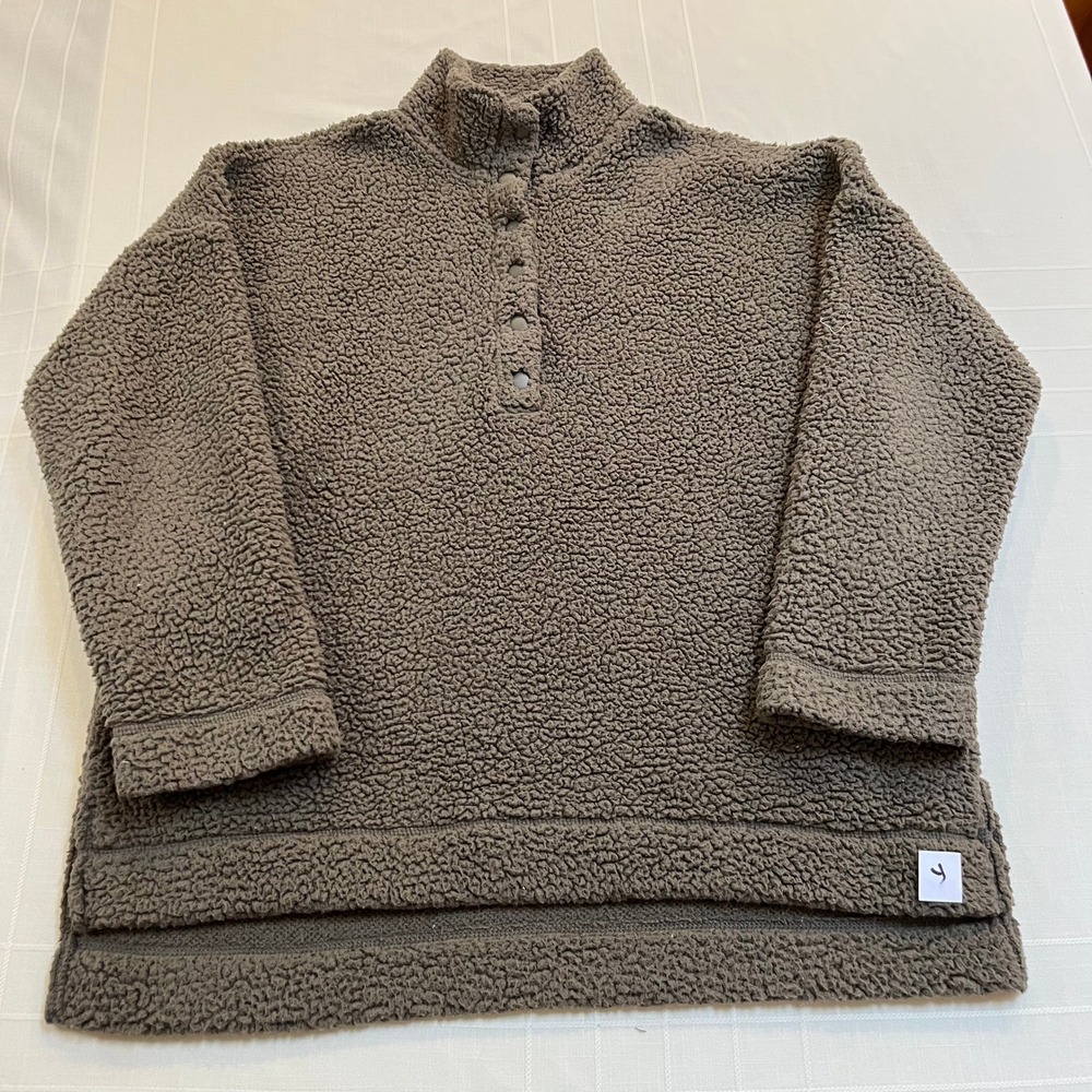 Aerie Sherpa Fleece Pullover Mock Neck Snap Button Olive Green/Brown M Medium‎